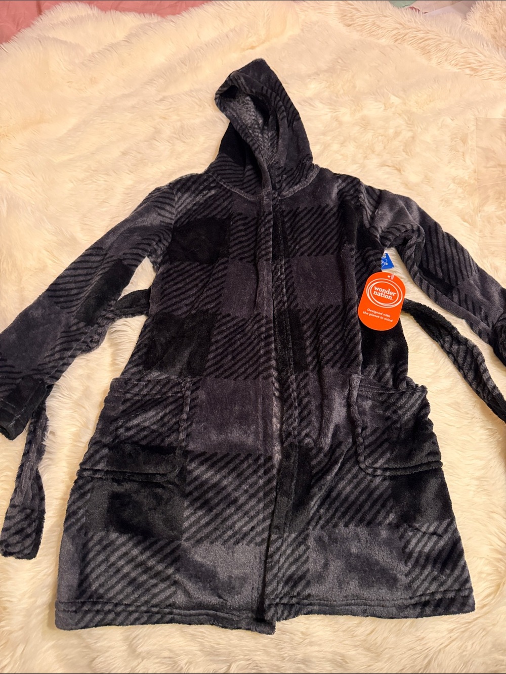 Boys Plush Hooded Robe with Belt - Black & Charcoal Plaid